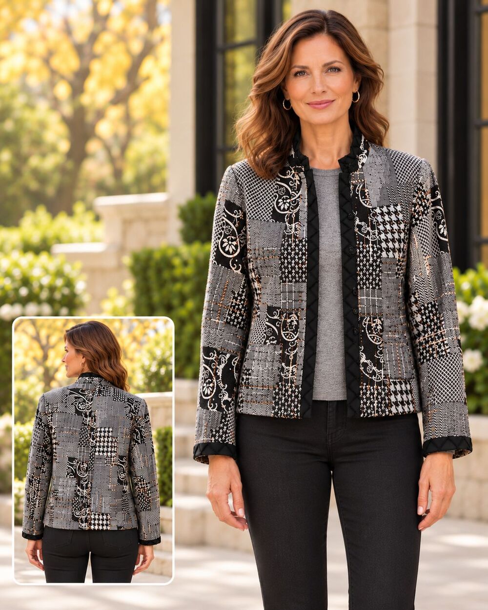 Coldwater Creek Womens M Jacket Patchwork Black Gray Tweed Lined Artsy Blazer